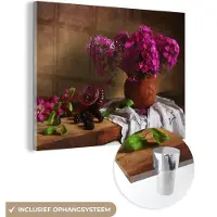 MuchoWow Glasschilderij 120x90 cm - Schilderij acrylglas - Rustiek - Bloemen - Roze - Vaas - Stilleven - Foto op glas - Schilderijen