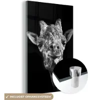 MuchoWow Glasschilderij 60x90 cm - Schilderij acrylglas - Giraffe - Dier - Zwart - Wit - Foto op glas - Schilderijen