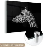 MuchoWow Glasschilderij - Foto op glas - Acrylglas - Dieren - Giraffe - Zwart - Wit - Kamer decoratie - Muurdecoratie - Schilderij glas - 30x20 cm - Schilderijen woonkamer