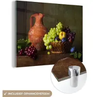 MuchoWow Glasschilderij 120x90 cm - Schilderij acrylglas - Rustiek - Fruit - Kan - Mand - Stilleven - Foto op glas - Schilderijen