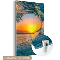 MuchoWow Glasschilderij - Foto op glas - Zee - Golf - Horizon - Zon - Wanddecoratie zee - Acrylplaat - Glazen schilderij - Acrylglas - 20x30 cm - Schilderijen woonkamer