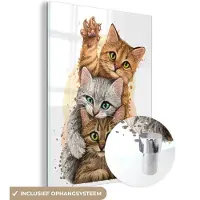 MuchoWow - Glasschilderij - Foto op glas - Acrylglas - Kittens - Katten - Dieren - Tekening - Muurdecoratie - 90x120 cm - Wanddecoratie glas - Glasschilderij dieren - Slaapkamer