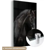 MuchoWow Glasschilderij 80x120 cm - Schilderij acrylglas - Paard - Dier - Zwart - Foto op glas - Schilderijen