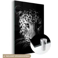 MuchoWow Glasschilderij - Foto op glas - Acrylglas - Panter - Zwart - Wit - 120x160 cm - Wanddecoratie glas - Glasschilderij dieren - Muurdecoratie - Glasschilderij panter - Slaapkamer
