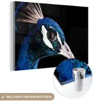 MuchoWow Glasschilderij 180x120 cm - Schilderij acrylglas - Pauw - Dier - Blauw - Foto op glas - Schilderijen