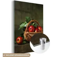 MuchoWow Glasschilderij 120x160 cm - Schilderij acrylglas - Rustiek - Appel - Fruit - Rood - Mand - Stilleven - Foto op glas - Schilderijen