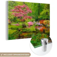 MuchoWow - Glasschilderij - Acrylglas - Bomen - Bloemen - Brug - Japan - Water - Natuur - Foto op glas - Muurdecoratie - 180x120 cm - Glasschilderij natuur - Wanddecoratie - Kamer decoratie