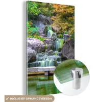 MuchoWow - Glasschilderij - Waterval - Stenen - Japan - Bomen - Botanisch - Acrylglas - Foto op glas - Schilderij glas - 120x180 cm - Muurdecoratie - Wanddecoratie natuur
