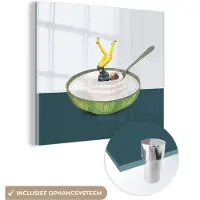 MuchoWow Glasschilderij 50x50 cm - Schilderij acrylglas - Yoghurt - Yoga - Retro - Foto op glas - Schilderijen