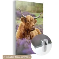 MuchoWow Glasschilderij 120x180 cm - Schilderij acrylglas - Schotse Hooglander - Bruin - Struiken - Foto op glas - Schilderijen