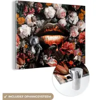 MuchoWow Glasschilderij 160x120 cm - Schilderij acrylglas - Lippen - Bloemen - Verf - Oranje - Kunst - Abstract - Oude meesters - Foto op glas - Schilderijen