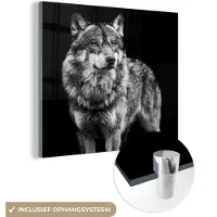 MuchoWow Glasschilderij - Foto op glas - Acrylglas - Wilde dieren - Wolf - Zwart-wit - Slaapkamer - 90x90 cm - Glasschilderij dieren - Muurdecoratie glas - Glasschilderij wolf - Kamer decoratie