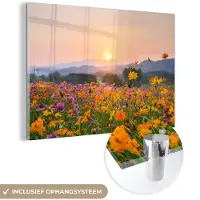 MuchoWow Glasschilderij 180x120 cm - Schilderij acrylglas - Bloemen - Zonsondergang - Berg - Foto op glas - Schilderijen