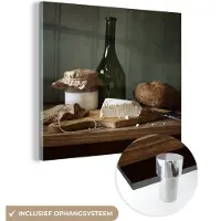 MuchoWow Glasschilderij 20x20 cm - Schilderij acrylglas - Rustiek - Brie - Stilleven - Fles - Brood - Foto op glas - Schilderijen