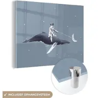 MuchoWow Glasschilderij 160x120 cm - Schilderij acrylglas - Ruimte - Jongen - Maan - Walvis - Foto op glas - Schilderijen