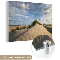 MuchoWow Glasschilderij 90x60 cm - Schilderij acrylglas - Strand - Zand - Nederland - Foto op glas - Muurdecoratie woonkamer - Wanddecoratie slaapkamer - Schilderijen