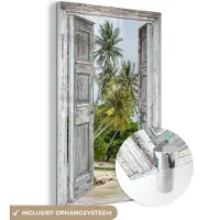 MuchoWow Glasschilderij 20x30 cm - Schilderij acrylglas - Tropisch - Palmboom - Doorkijk - Zee - Foto op glas - Muurdecoratie woonkamer - Wanddecoratie slaapkamer - Schilderijen