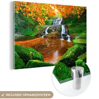 MuchoWow Glasschilderij - Glazen schilderij - Waterval - Herfst - Stenen - Mos - 90x60 cm - Acrylglas - Wanddecoratie - Schilderij natuur - Foto op glas - Schilderijen woonkamer