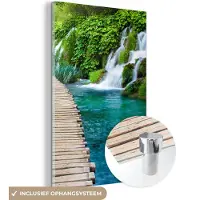 MuchoWow Glasschilderij - Schilderij natuur - Waterval - Brug - Rots - Acrylplaat - Foto op glas - Glazen schilderij - 80x120 cm - Acrylglas - Muurdecoratie