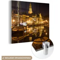 MuchoWow Glasschilderij 50x50 cm - Schilderij acrylglas - Groningen - Nacht - Lichten - Foto op glas - Schilderijen