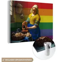 MuchoWow Glasschilderij 120x90 cm - Schilderij acrylglas - Melkmeisje - Vermeer - Pride vlag - Foto op glas - Schilderijen