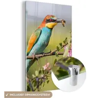 MuchoWow Glasschilderij 20x30 cm - Schilderij acrylglas - Vogel - Bijeneter - Bloemen - Foto op glas - Schilderijen