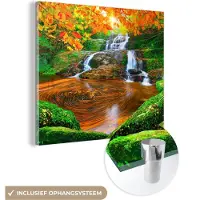 MuchoWow Glasschilderij - Glazen schilderij - Waterval - Herfst - Stenen - Mos - 50x50 cm - Acrylglas - Wanddecoratie - Schilderij natuur - Foto op glas - Schilderijen woonkamer