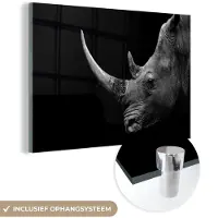 MuchoWow - Glasschilderij - Foto op glas - Acrylglas - Wilde dieren - Neushoorn - Natuur - Gras - 90x60 cm - Glasschilderij dieren - Schilderij glas - Wanddecoratie glas - Schilderijen woonkamer