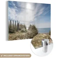 MuchoWow Glasschilderij 180x120 cm - Schilderij acrylglas - Zon - Wolken - Strand - Foto op glas - Muurdecoratie woonkamer - Wanddecoratie slaapkamer - Schilderijen