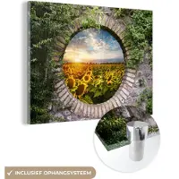 MuchoWow Glasschilderij 40x30 cm - Schilderij acrylglas - Zonnebloemen - Doorkijk - Bloemen - Zon - Foto op glas - Schilderijen