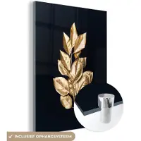MuchoWow Glasschilderij 120x160 cm - Schilderij acrylglas - Plant - Bladeren - Goud - Zwart - Luxe - Foto op glas - Schilderijen