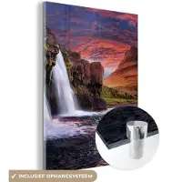 MuchoWow Glasschilderij - Foto op glas - IJsland - Waterval - Berg - Acrylglas - Muurdecoratie - Schilderij waterval - Schilderij glas - 120x160 cm - Wanddecoratie