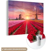 MuchoWow - Glasschilderij - Acrylglas - Bloemen - Windmolen - Tulpen - Zonsondergang - Landschap - Foto op glas - 80x60 cm - Schilderij bloemen - Schilderijen woonkamer - Wanddecoratie glas