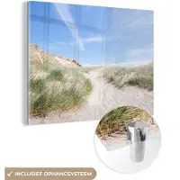 MuchoWow Glasschilderij 160x120 cm - Schilderij acrylglas - Strand - Duin - Gras - Foto op glas - Muurdecoratie woonkamer - Wanddecoratie slaapkamer - Schilderijen