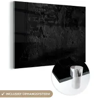 MuchoWow Glasschilderij - Baksteen - Muur - Cement - Zwart - Wit - 60x40 cm - Schilderij glas - Kamerdecoratie