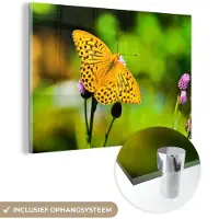 MuchoWow - Glasschilderij - Vlinders - Geel - Bloem - Dieren - Foto op glas - 150x100 cm - Acrylverf - Glasschilderij natuur - Muurdecoratie glas - Wanddecoratie - Glasschilderij vlinder