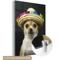 MuchoWow Glasschilderij 120x160 cm - Schilderij acrylglas - Hond - Sombrero - Zwart - Foto op glas - Schilderijen