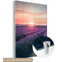 MuchoWow Glasschilderij 30x40 cm - Schilderij acrylglas - Lavendel - Paars - Bloemen - Lucht - Foto op glas - Schilderijen