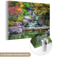 MuchoWow - Glasschilderij - Waterval - Stenen - Japan - Bomen - Botanisch - Acrylglas - Foto op glas - Schilderij glas - 90x60 cm - Muurdecoratie - Wanddecoratie natuur