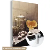 MuchoWow Glasschilderij 120x160 cm - Schilderij acrylglas - Stilleven - Pompoen - Knoflook - Pan - Tafel - Foto op glas - Muurdecoratie woonkamer - Wanddecoratie slaapkamer - Schilderijen