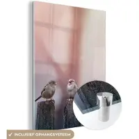 MuchoWow - Glasschilderij - Acrylglas - Vogel - Mus - Paal - Lucht - Foto op glas - Wanddecoratie - 120x160 cm - Glasschilderij vogels - Glasschilderij dieren - Muurdecoratie - Slaapkamer