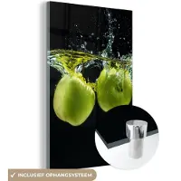 MuchoWow Glasschilderij 80x120 cm - Schilderij acrylglas - Appels - Fruit - Water - Zwart - Groen - Foto op glas - Schilderijen
