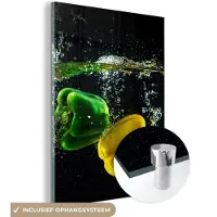 MuchoWow Glasschilderij 60x80 cm - Schilderij acrylglas - Paprika - Groente - Water - Zwart - Rood - Groen - Geel - Foto op glas - Schilderijen