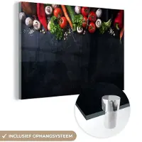 MuchoWow Glasschilderij 30x20 cm - Schilderij acrylglas - Groente - Kruiden - Specerijen - Zwart - Rustiek - Keuken - Foto op glas - Schilderijen