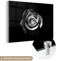 MuchoWow Glasschilderij 180x120 cm - Schilderij acrylglas - Bloemen - Zwart - Roos - Wit - Botanisch - Foto op glas - Schilderijen