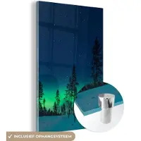 MuchoWow Glasschilderij 20x30 cm - Schilderij acrylglas - Noorderlicht - Sneeuw - Bomen - Natuur - Groen - Foto op glas - Schilderijen