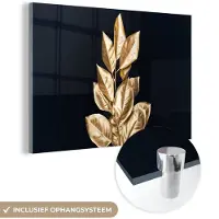 MuchoWow Glasschilderij 180x120 cm - Schilderij acrylglas - Plant - Bladeren - Goud - Zwart - Luxe - Foto op glas - Schilderijen