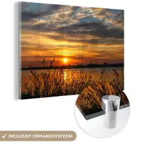 MuchoWow Glasschilderij - Wanddecoratie - Landschap - Zee - Zonsondergang - Planten - Acrylplaat - 120x80 cm - Foto op glas - Schilderij glas - Acrylglas - Woondecoratie