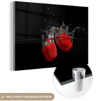 MuchoWow Glasschilderij 60x40 cm - Schilderij acrylglas - Paprika - Groente - Stilleven - Water - Rood - Foto op glas - Schilderijen