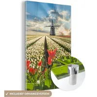MuchoWow Glasschilderij 40x60 cm - Schilderij acrylglas - Windmolen - Tulpen - Lucht - Natuur - Foto op glas - Schilderijen